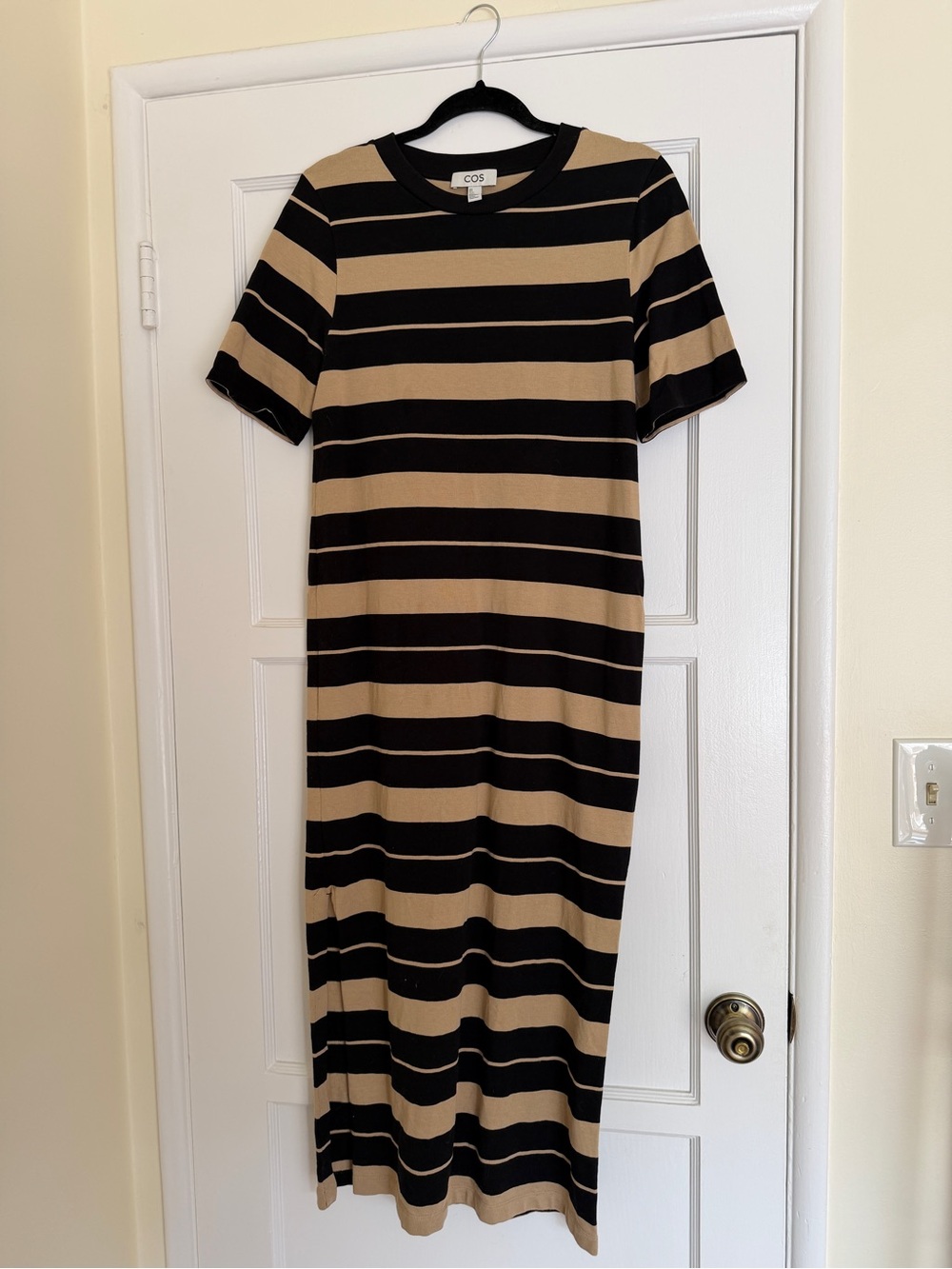 COS Black and Tan Striped Short‑Sleeve Midi Dress